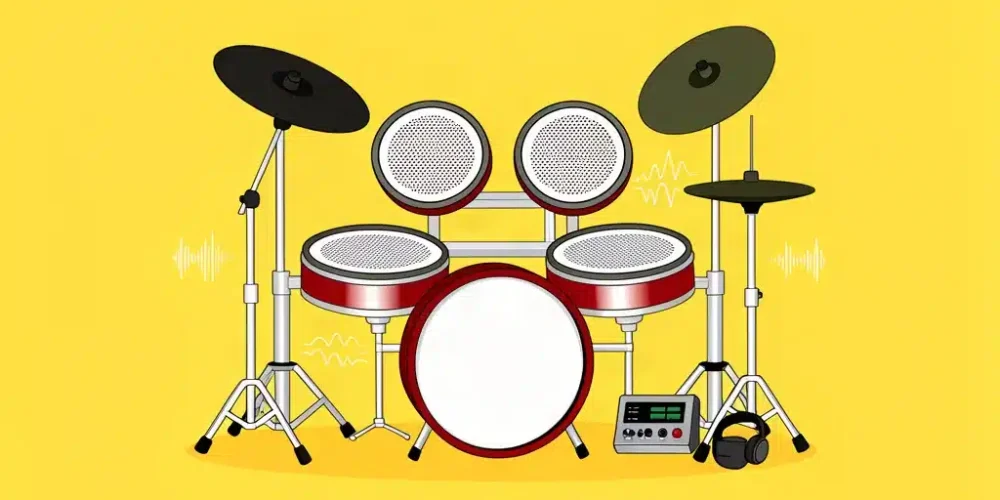 Ilustración de una batería electrónica con pads de malla y auriculares