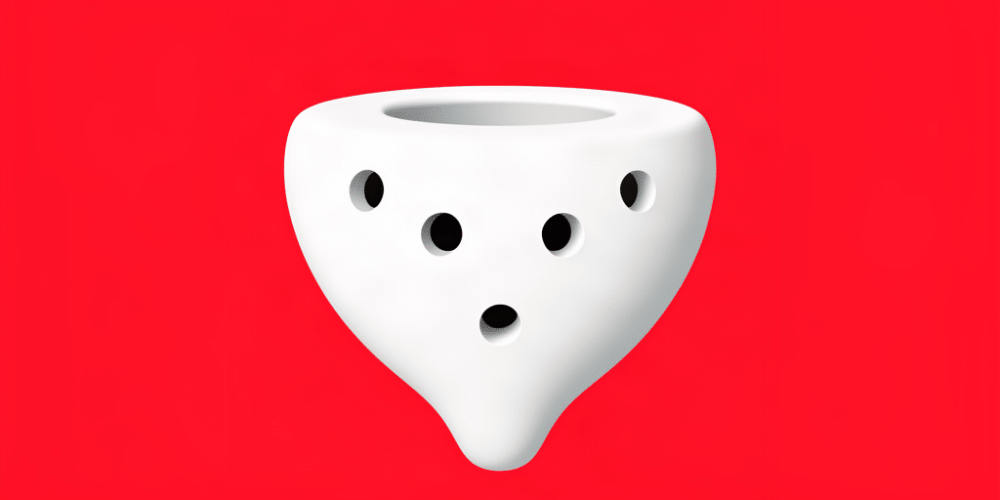 Ilustración minimalista de una ocarina cerámica blanca sobre fondo rojo