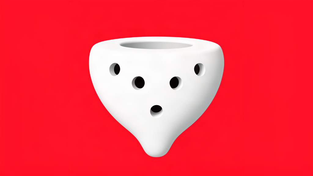 Ilustración minimalista de una ocarina cerámica blanca sobre fondo rojo
