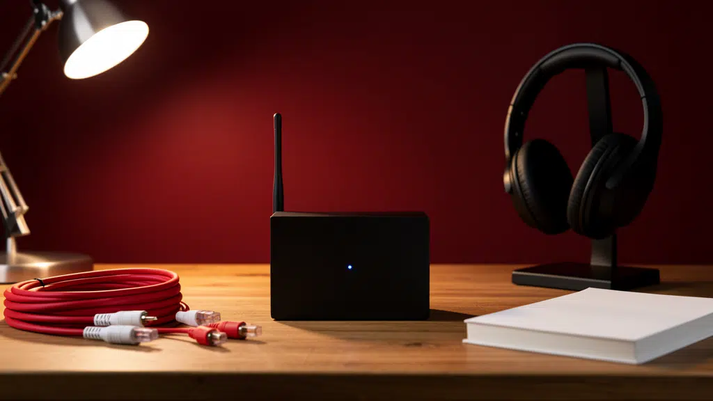 Récepteur Bluetooth audio sur un bureau de studio avec câbles RCA et casque