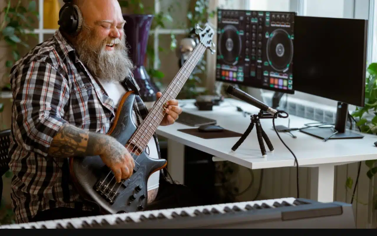 homme qui joue de la basse et chante home studio