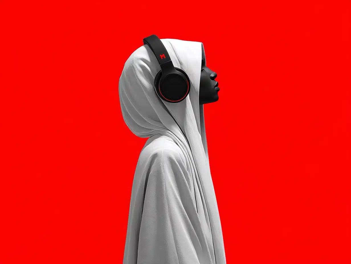 Cyber minimalism style. Use the colors Boston University Red - White- Platinum - Black Olive and with this color, a bright color background. Depict someone listeing MP3 and FLAC music hi res --chaos 15 --ar 4:3 --v 7 Job ID: 631ecb77-2eb2-468d-8123-965ab79e70b4