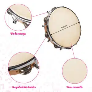 Fuzeau Tambourin Peau Naturelle - 25 CM + Cymbalettes