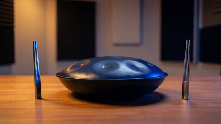 Handpan posé entre deux diapasons pour comparer les accordages 432 Hz et 440 Hz