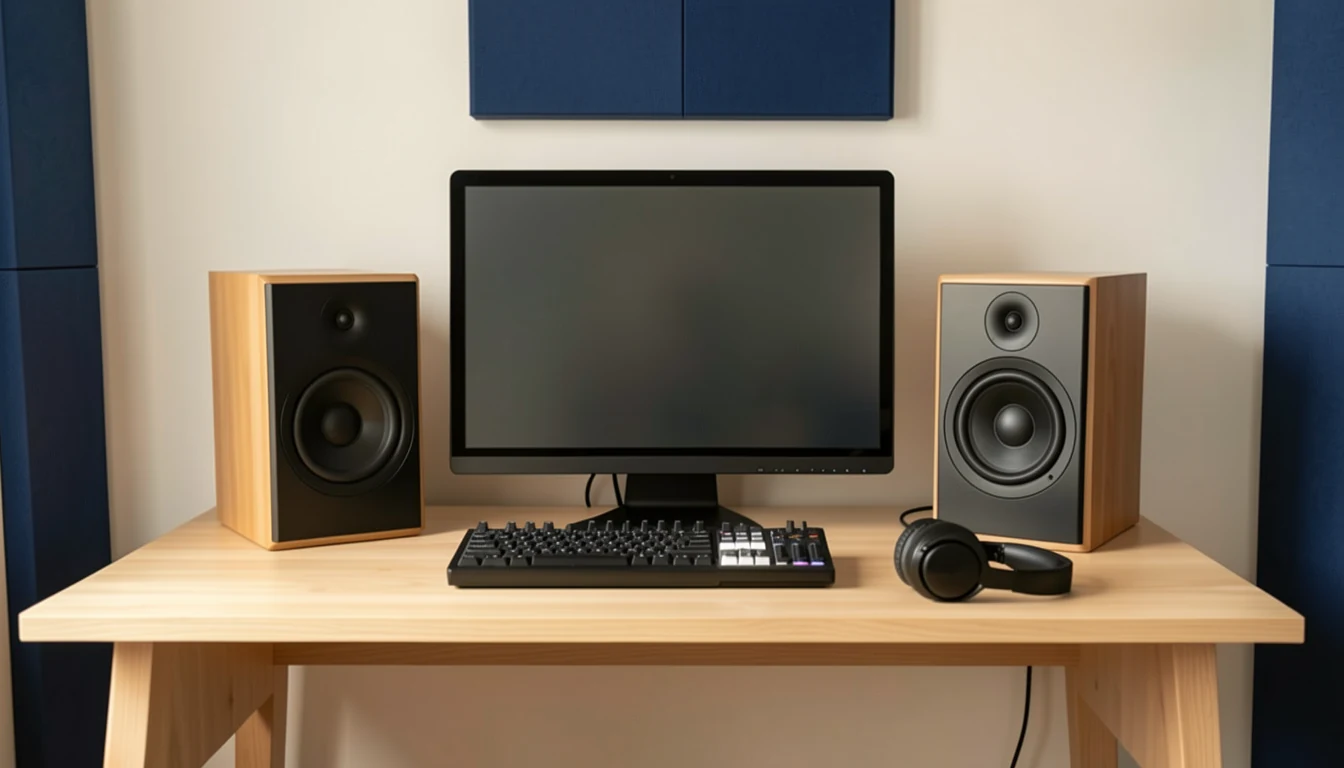 Paire d’enceintes actives compactes installée sur un bureau avec ordinateur et casque