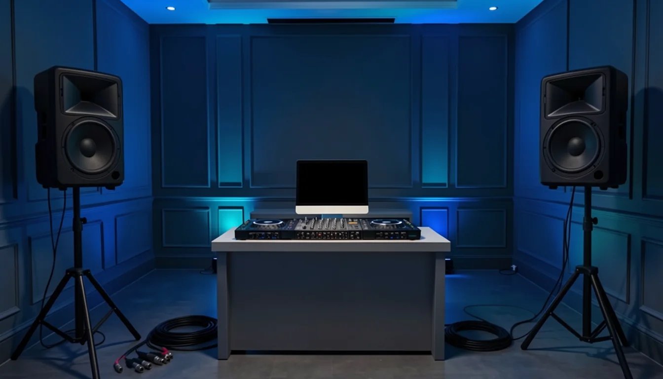 Deux enceintes de sonorisation installées autour d’une régie pour DJ mobile