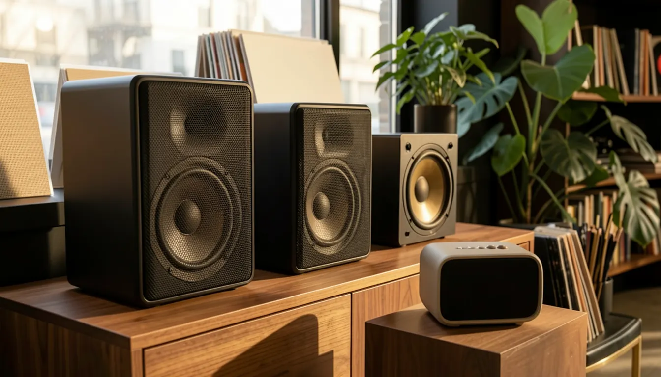 Plusieurs enceintes audio de tailles différentes dans un salon chaleureux