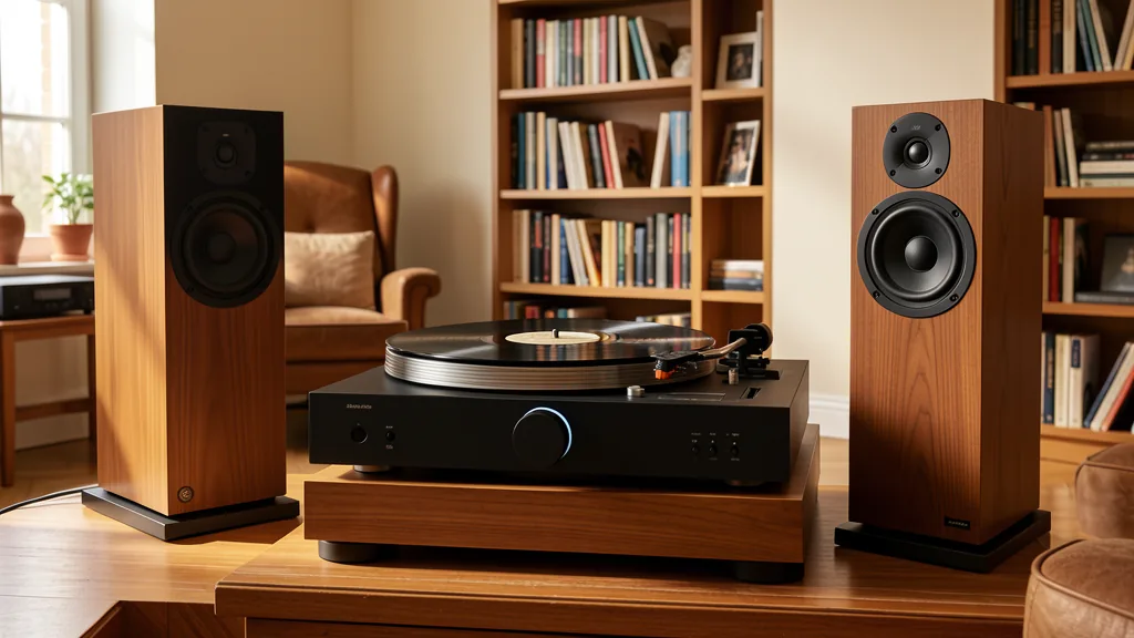 Home 20 Amplificateur hi-fi avec platine vinyle et enceintes dans un salon