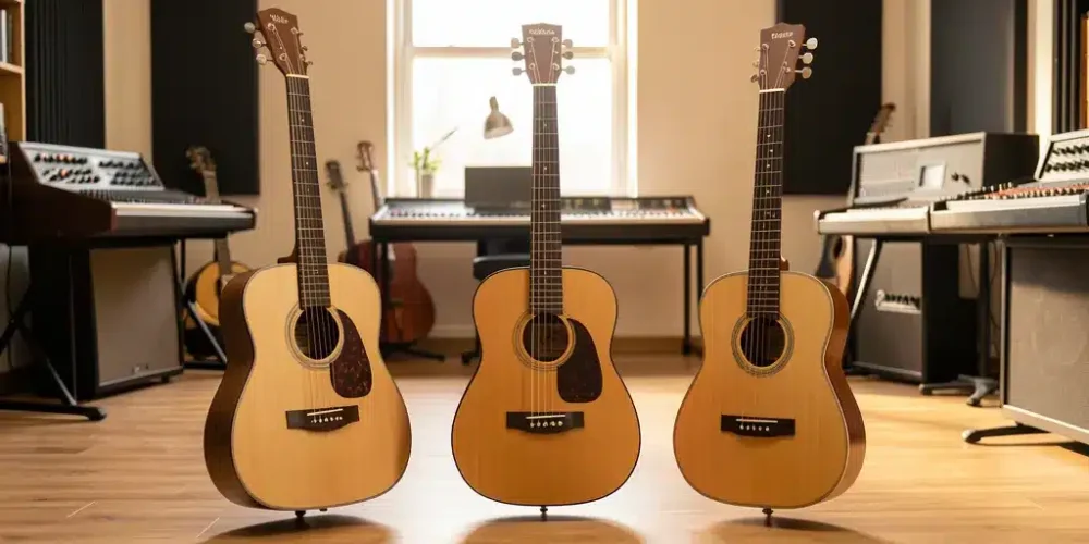 Tres guitarras acústicas pequeñas de acero, nailon y formato parlor en un estudio