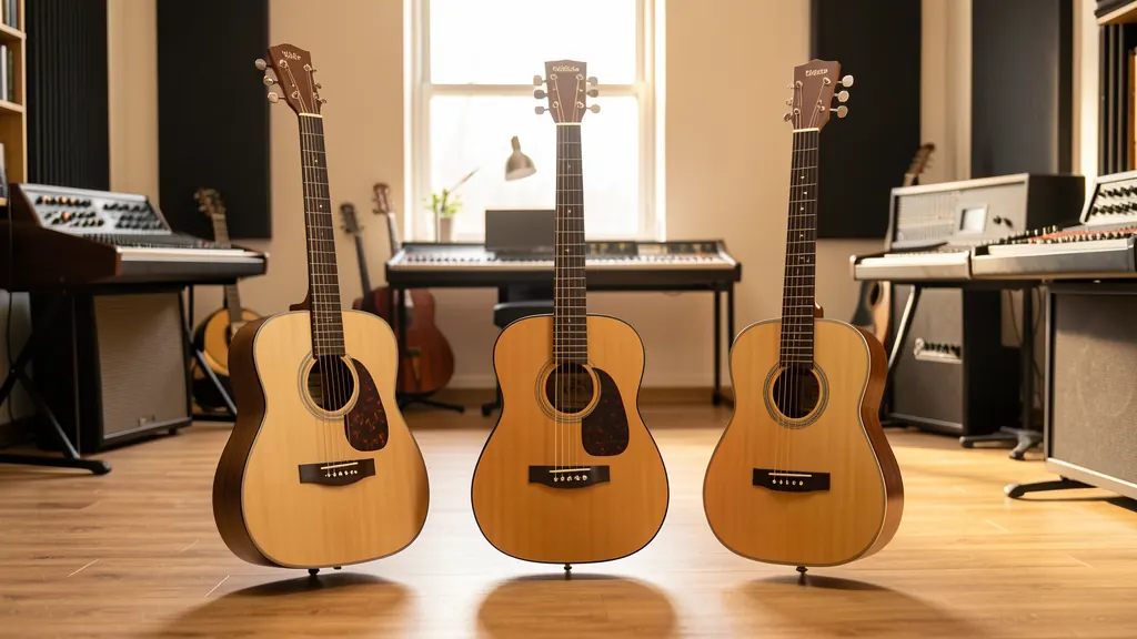 Tres guitarras acústicas pequeñas de acero, nailon y formato parlor en un estudio