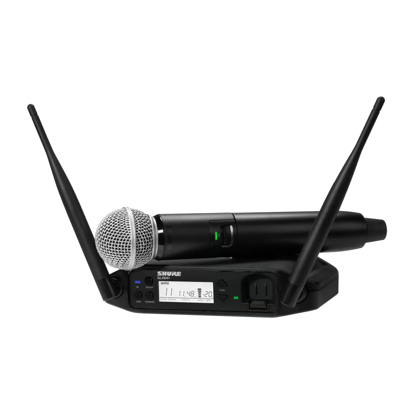 Sistema digital Shure GLXD24+ con micrófono SM58, batería y receptor Dual Band