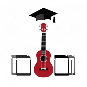 Ilustración minimalista de un ukelele con birrete y tarjetas de vídeo, curso completo de ukelele