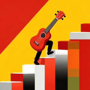 Ilustración minimalista de un ukelele subiendo escalones, curso de cero a experto