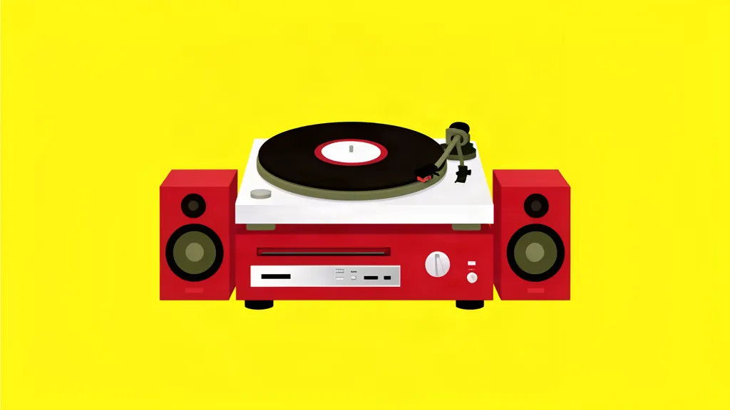 Home 29 Illustration d’une chaîne hi-fi tout-en-un avec platine vinyle, lecteur CD, tuner radio et enceintes, style vectoriel minimaliste