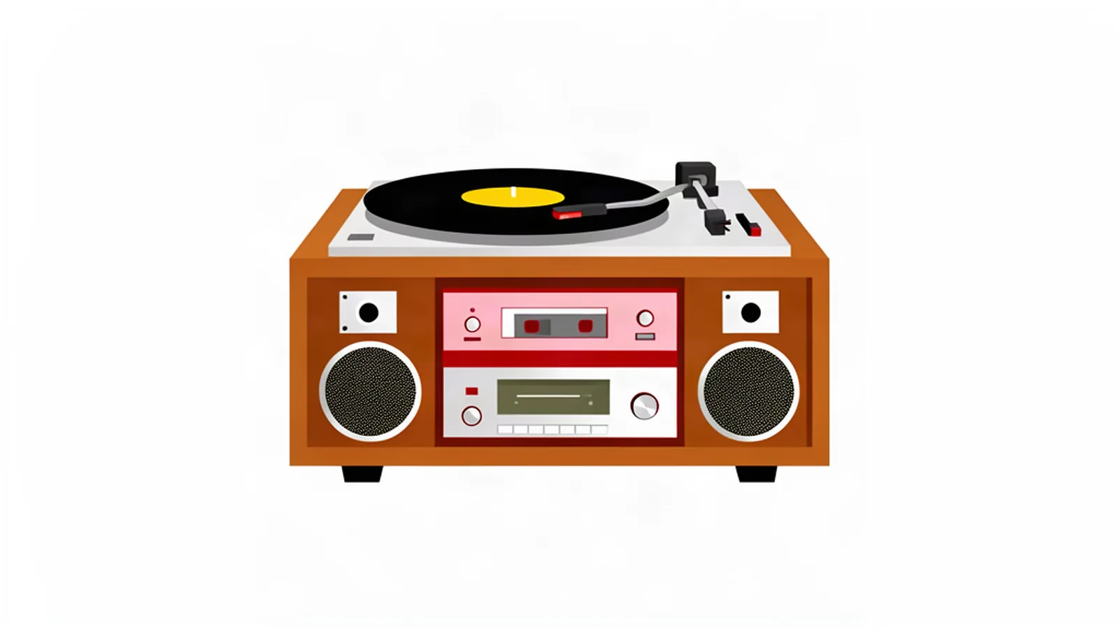Home 28 Illustration d’une chaîne hi-fi vintage tout-en-un avec platine vinyle, platine cassette, radio et enceintes en bois, style vectoriel minimaliste