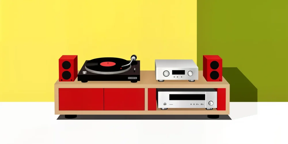 Illustrazione di un impianto hi-fi con giradischi, amplificatore, lettore CD e casse in uno stile minimalista