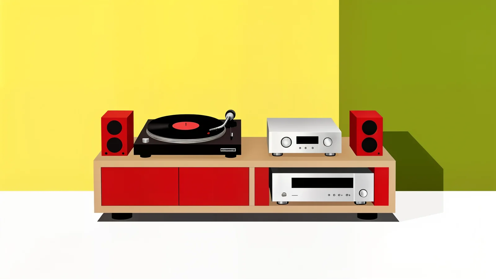 Illustrazione di un impianto hi-fi con giradischi, amplificatore, lettore CD e casse in uno stile minimalista