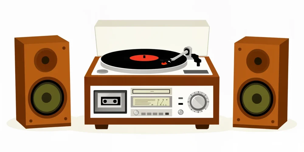 Illustrazione di un impianto hi-fi vintage con giradischi, piastra cassette, radio e casse in legno