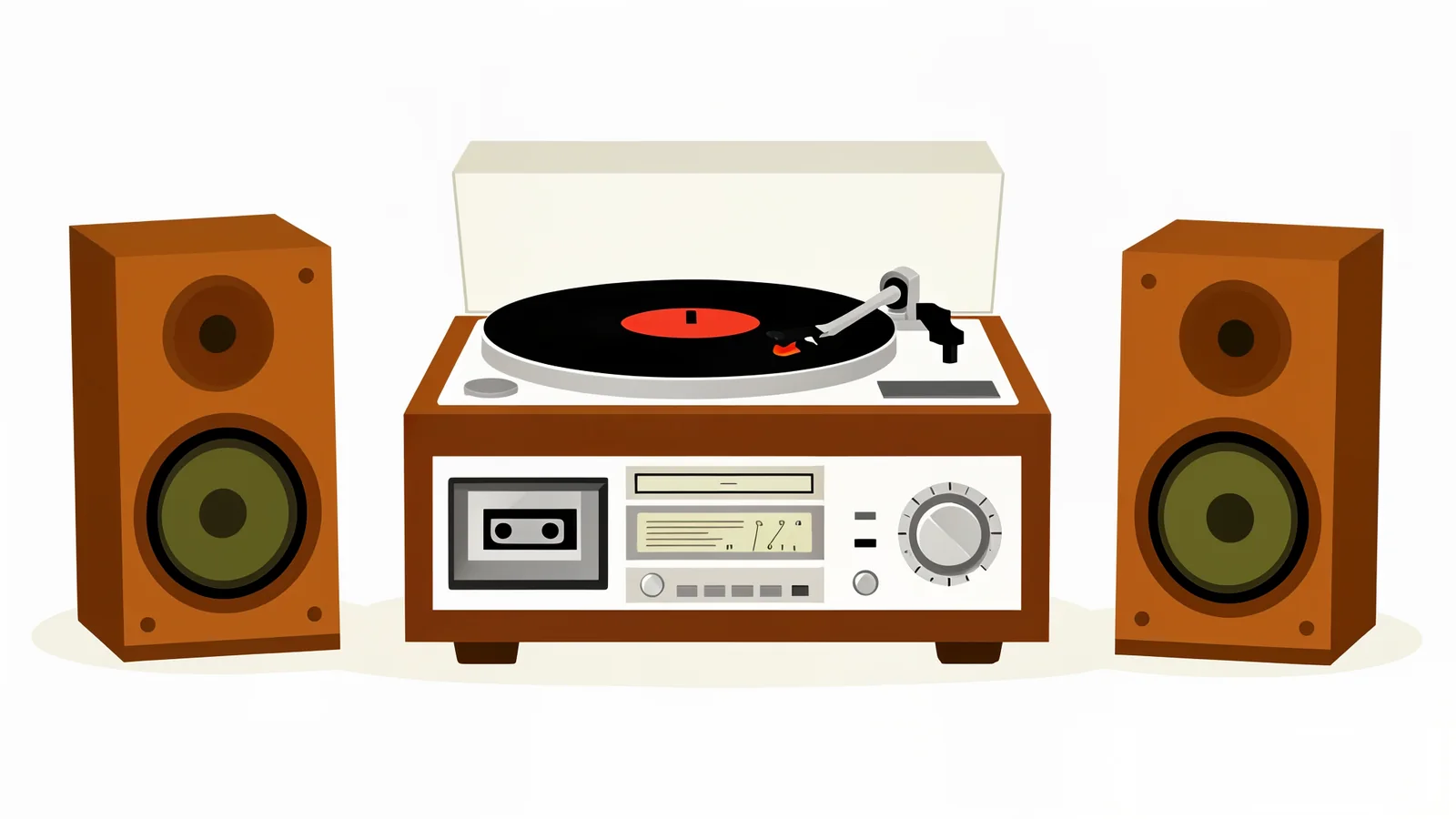 Illustrazione di un impianto hi-fi vintage con giradischi, piastra cassette, radio e casse in legno