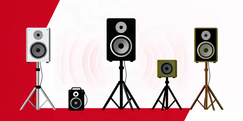 Ilustración de varios altavoces activos de PA sobre soportes