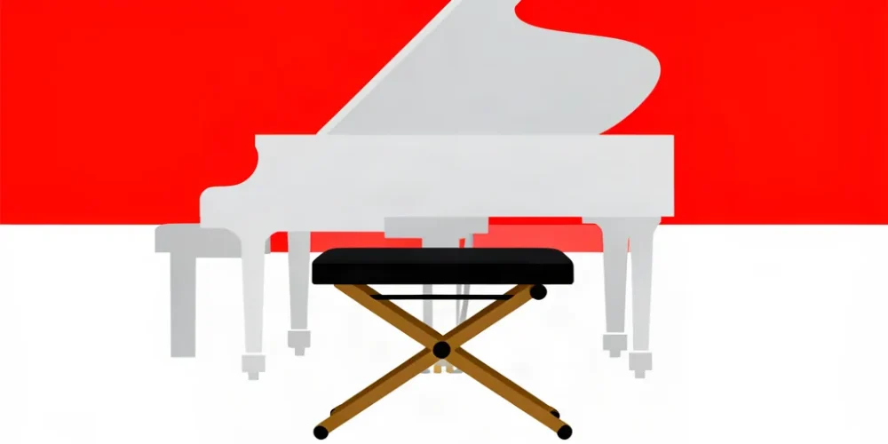 Ilustración minimalista de una banqueta de piano ajustable frente a un piano de cola