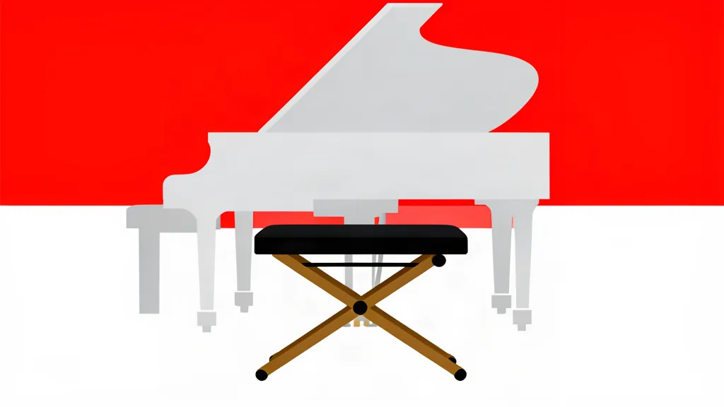 Ilustración minimalista de una banqueta de piano ajustable frente a un piano de cola