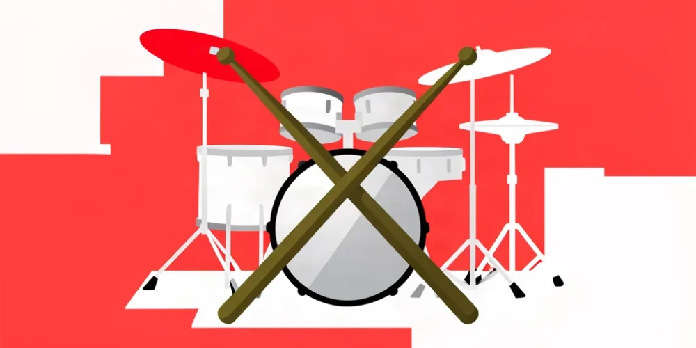 Ilustración minimalista de dos baquetas de batería cruzadas frente a una batería acústica