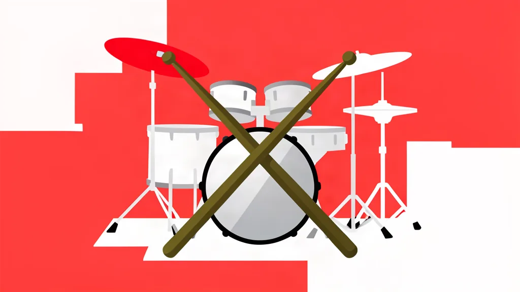 IlustraciĂłn minimalista de dos baquetas de baterĂa cruzadas frente a una baterĂa acĂșstica