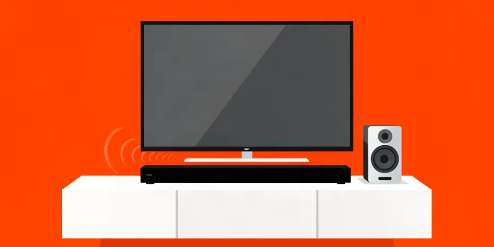 Ilustración minimalista de una barra de sonido bajo un televisor con subwoofer