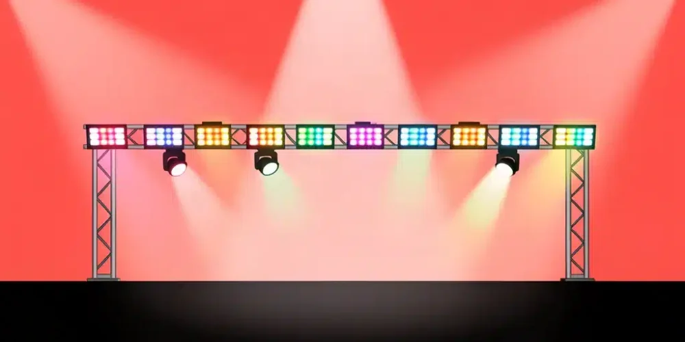 Ilustración minimalista de barras LED profesionales sobre un truss con haces de colores