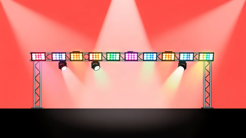 Ilustración minimalista de barras LED profesionales sobre un truss con haces de colores