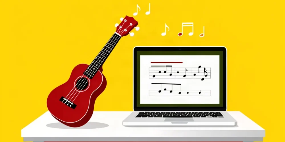 Ilustración minimalista de un ukelele junto a un portátil con lecciones de música online