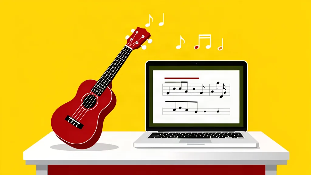 Ilustración minimalista de un ukelele junto a un portátil con lecciones de música online