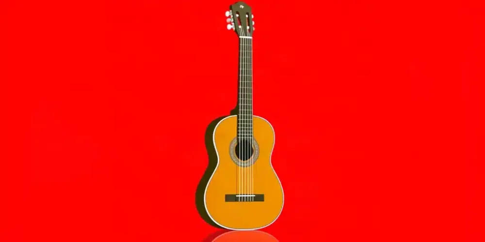 Ilustración de una guitarra requinto clásica sobre fondo rojo, comparativa 2026