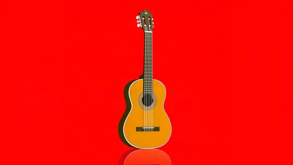 Ilustración de una guitarra requinto clásica sobre fondo rojo, comparativa 2026
