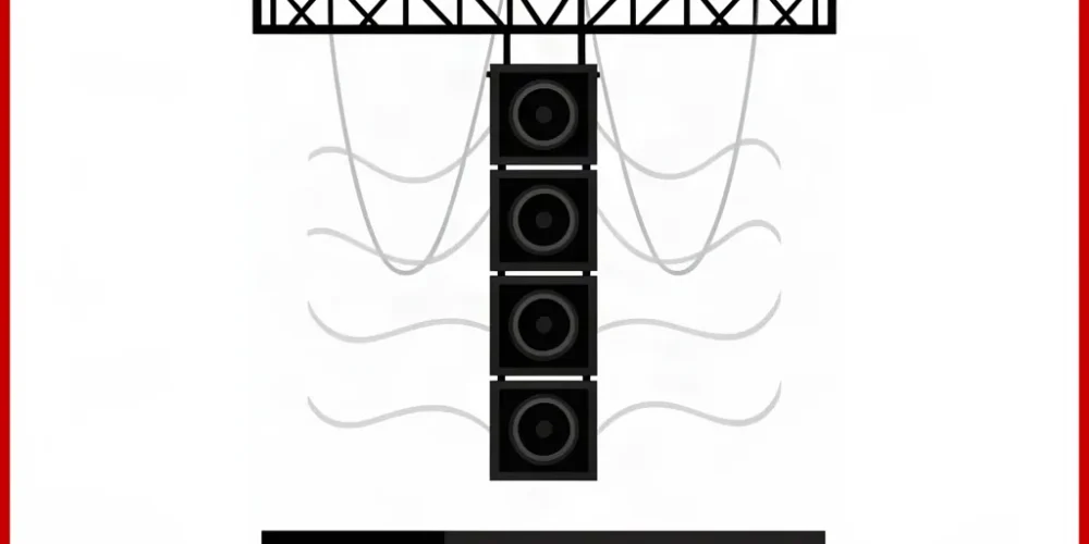 Ilustración de una columna de módulos line array suspendidos sobre un escenario