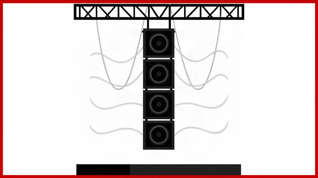 Ilustración de una columna de módulos line array suspendidos sobre un escenario