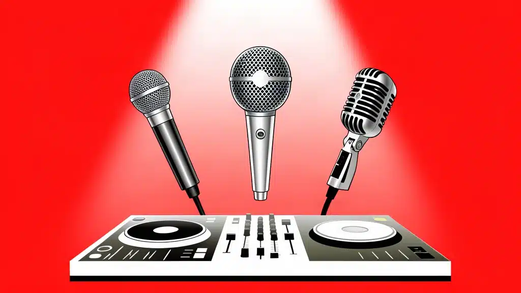 Ilustración de micros dinámicos de escenario para cantar en directo como DJ, comparativa 2026