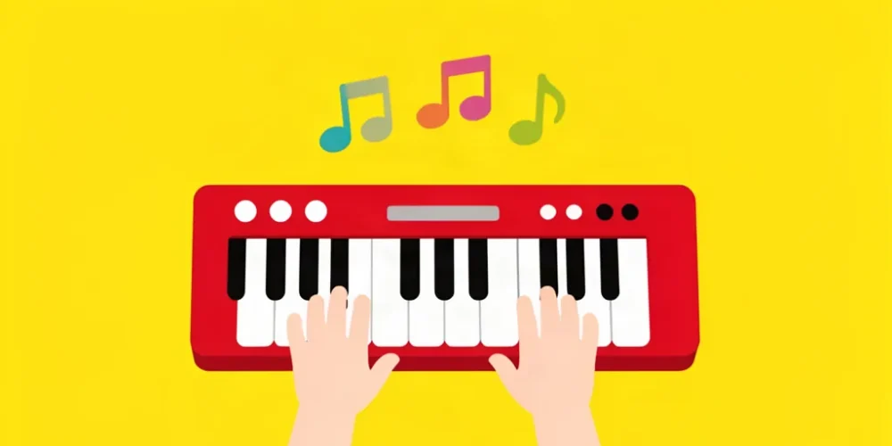Ilustración de un teclado infantil con notas de música de colores