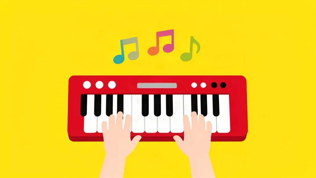 Ilustración de un teclado infantil con notas de música de colores