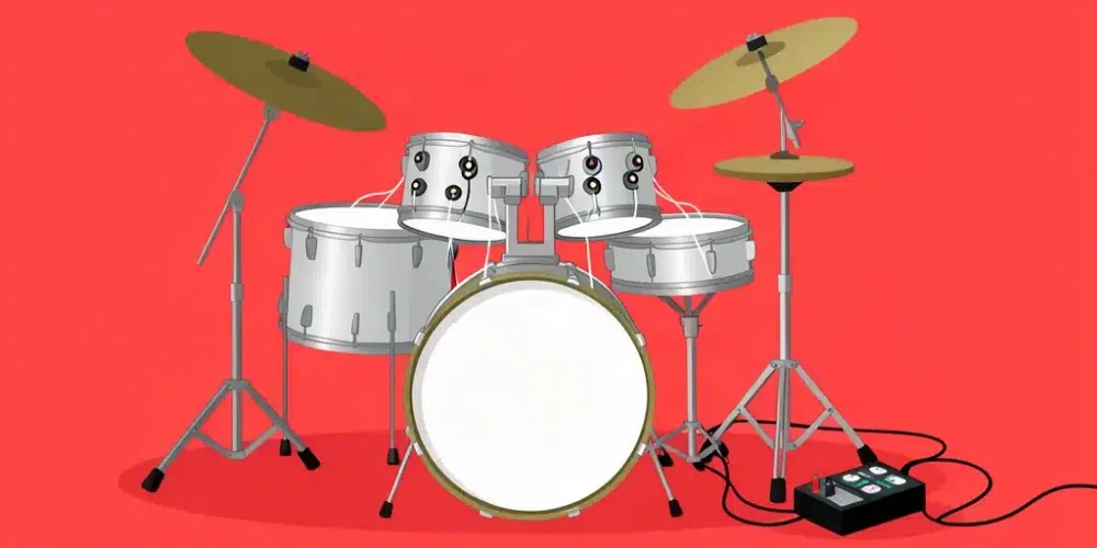 Ilustración minimalista de una batería acústica híbrida con triggers sobre los aros y un módulo de disparo