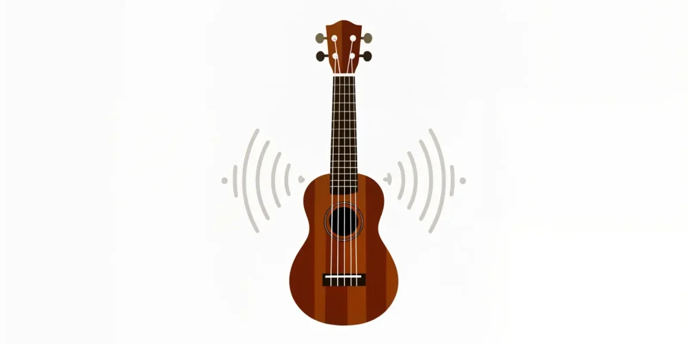 Ilustración minimalista de un ukelele barítono sobre fondo rojo, blanco, platino y verde oliva