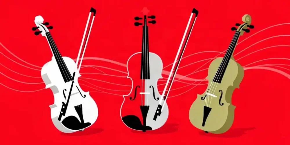 Ilustración de tres violines acústicos para una comparativa