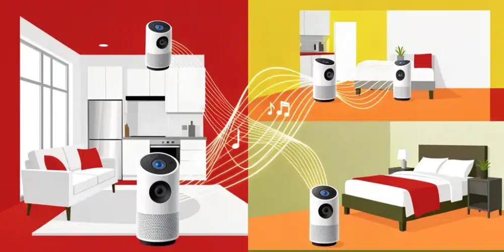 Illustrazione di casse Wi-Fi multiroom collegate in più stanze, stile cyber minimalism