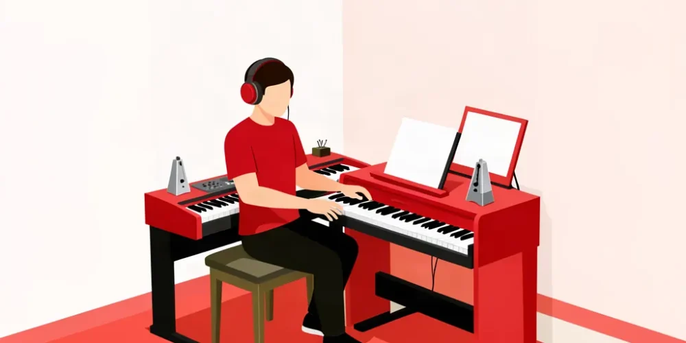 Ilustración minimalista de una persona practicando con un piano digital de 88 teclas