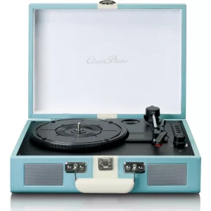 Platine vinyle portable Lenco TT-110BUWH bleu et blanc avec haut-parleurs intégrés