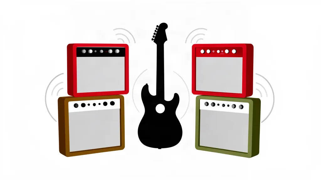 Home 27 Illustration de quatre amplis guitare Bluetooth autour d’une guitare électrique