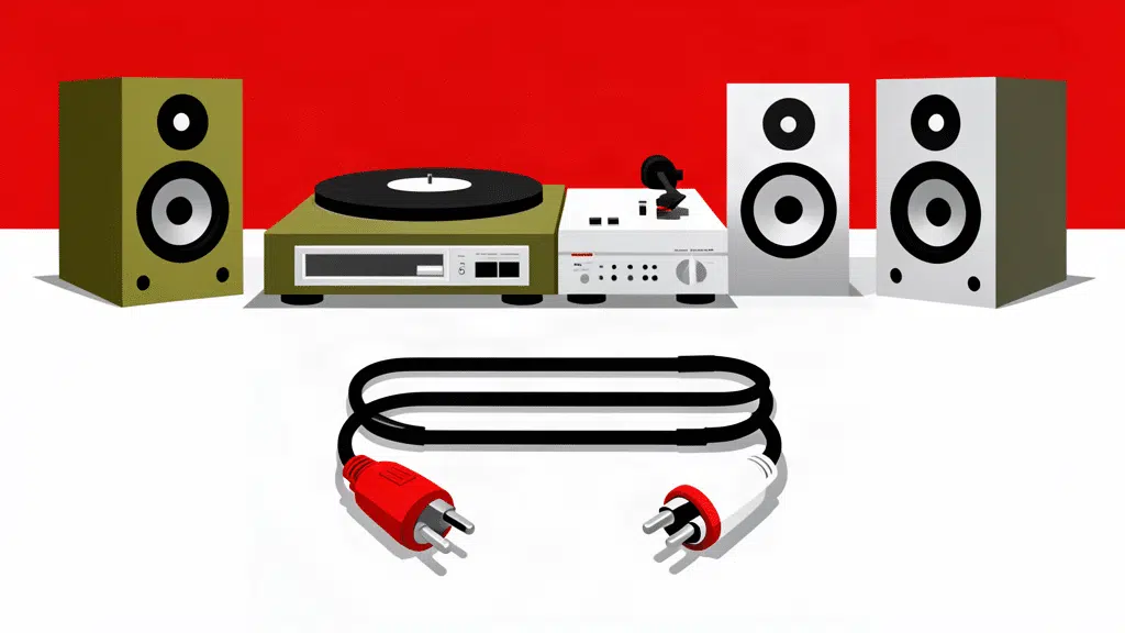 Illustration de câbles RCA stéréo avec platine vinyle, amplificateur et enceintes hi-fi