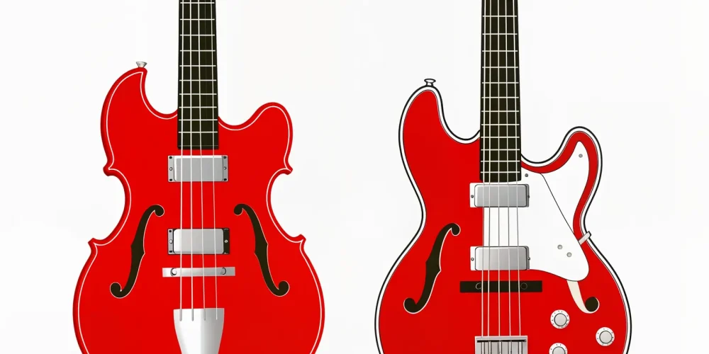 Ilustración de dos bajos eléctricos semiacústicos rojos