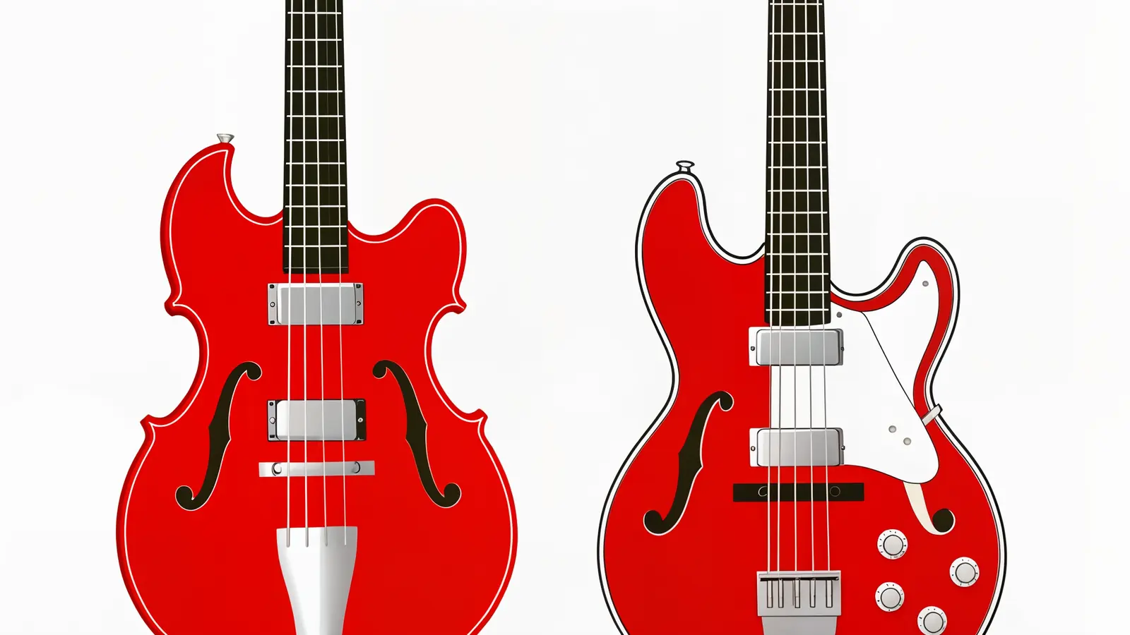 Ilustración de dos bajos eléctricos semiacústicos rojos